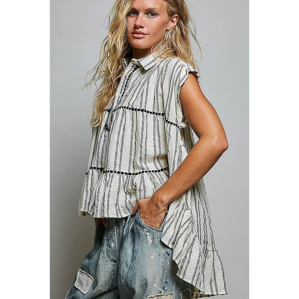 POL Striped Ruffle Collared Sleeveless Cotton Top - Grey - Medium - Picture 2 of 6